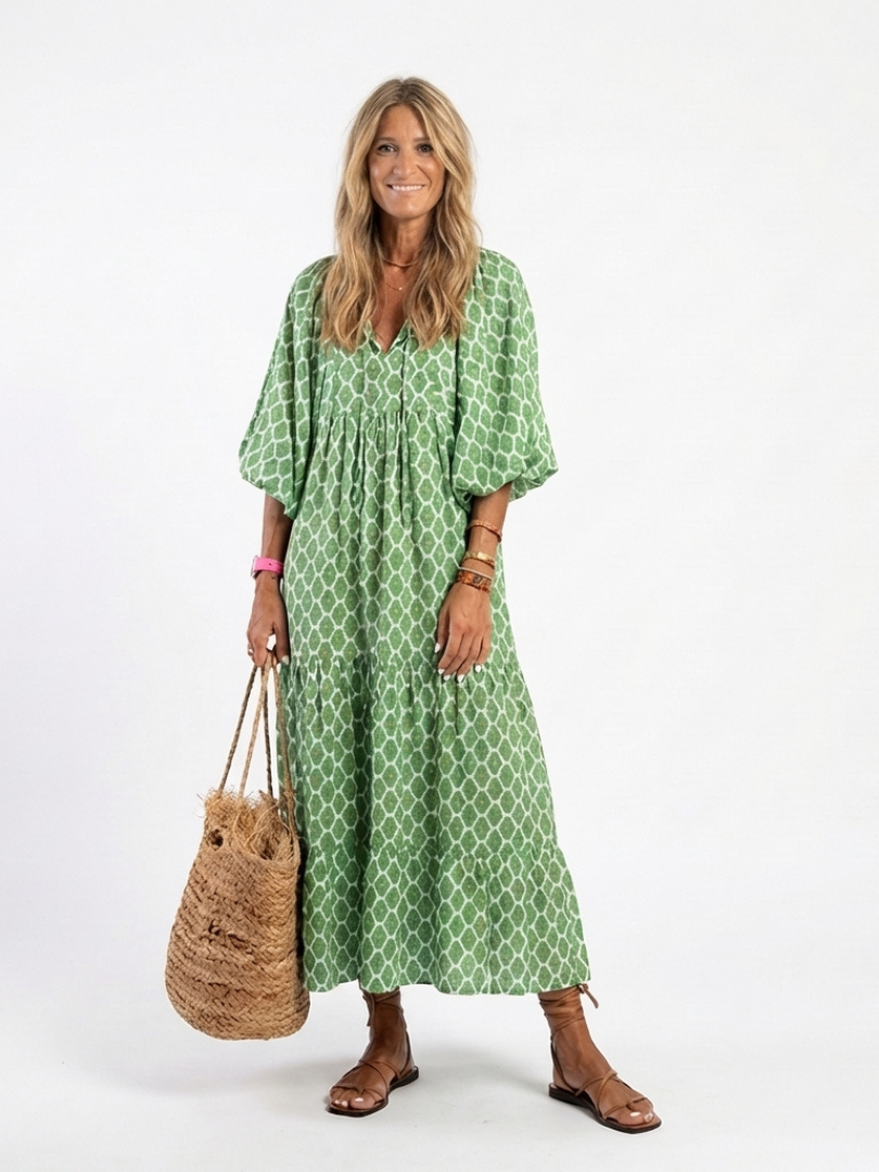 APOLLINE | THREE-QUARTER SLEEVE V-NECK PATTERNED MIDI DRESS