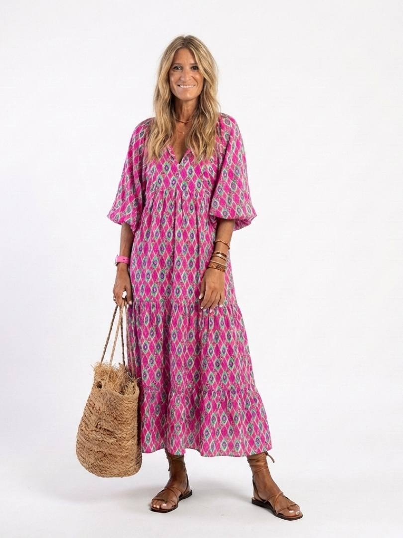 APOLLINE | THREE-QUARTER SLEEVE V-NECK PATTERNED MIDI DRESS