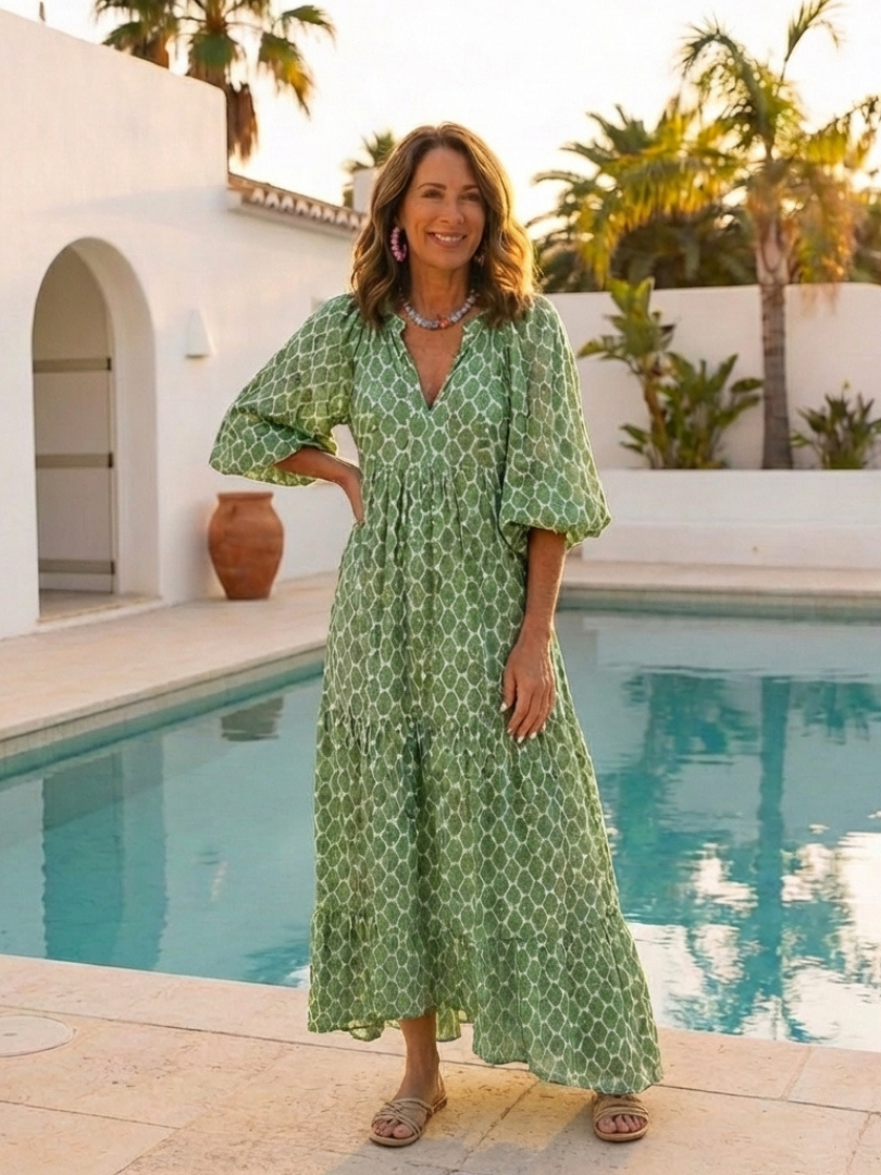 APOLLINE | THREE-QUARTER SLEEVE V-NECK PATTERNED MIDI DRESS