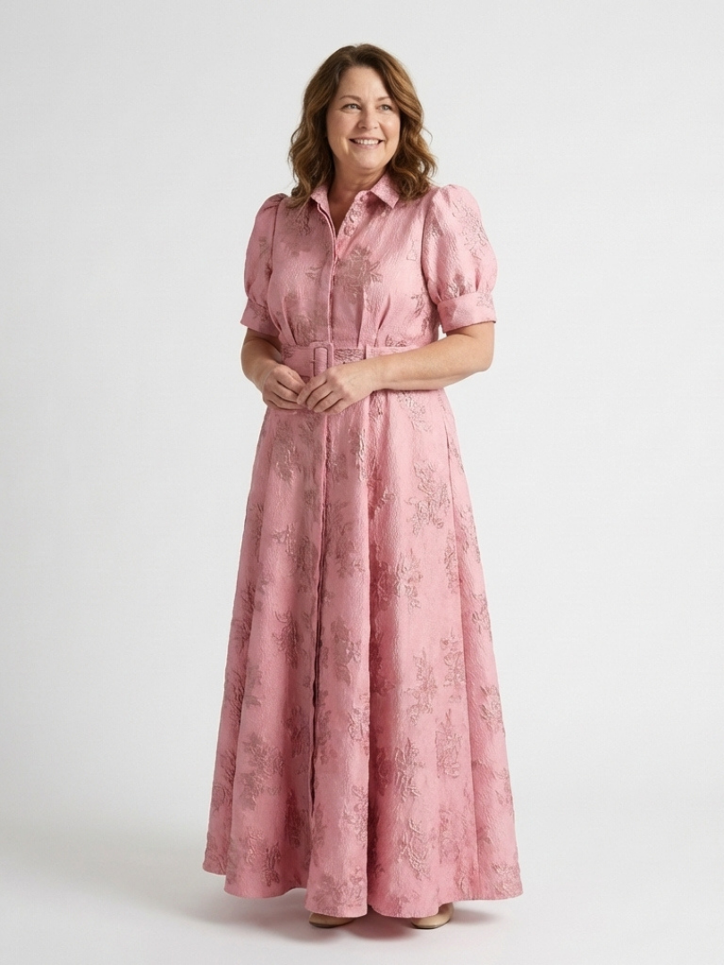 XANTHEA | SHORT SLEEVE BELTED FLORAL TEXTURED MAXI SHIRT DRESS