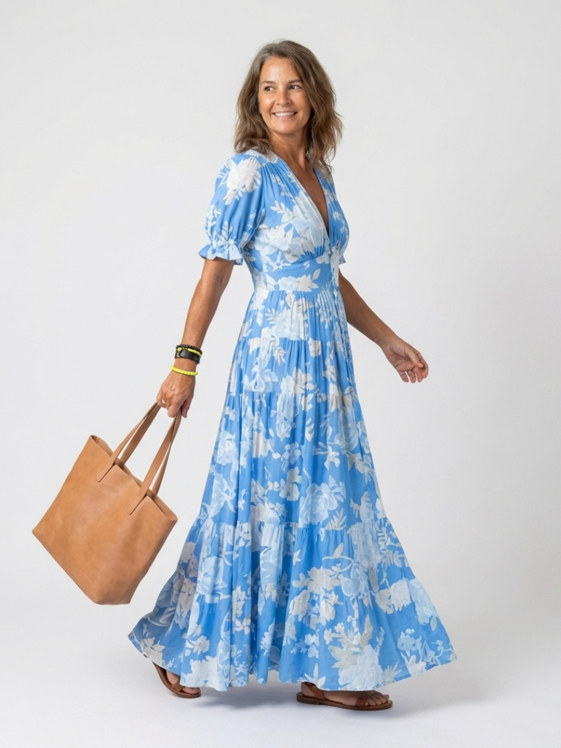 IONE | SHORT SLEEVE V NECK FLORAL MIDI DRESS