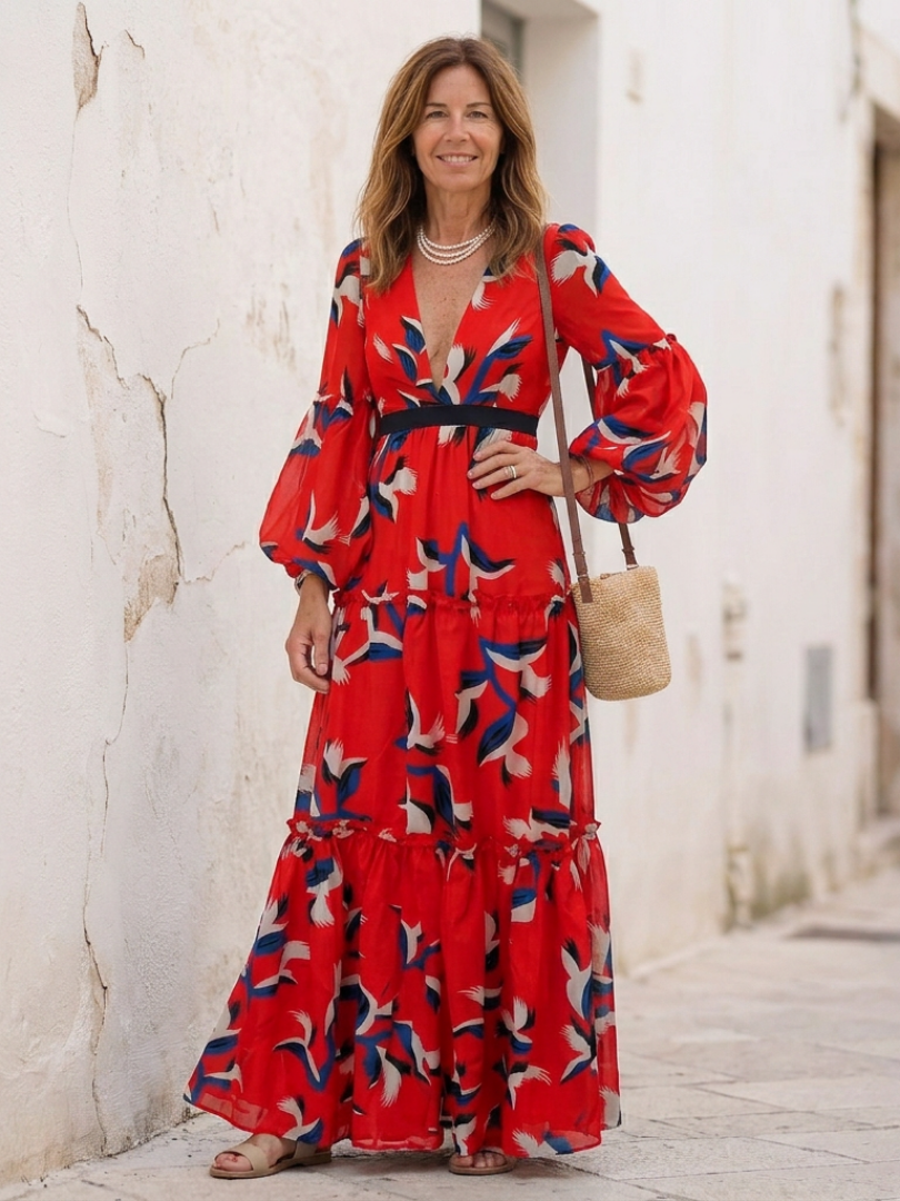 ISOLDE | V NECK TIE WAIST LONG SLEEVE MAXI DRESS
