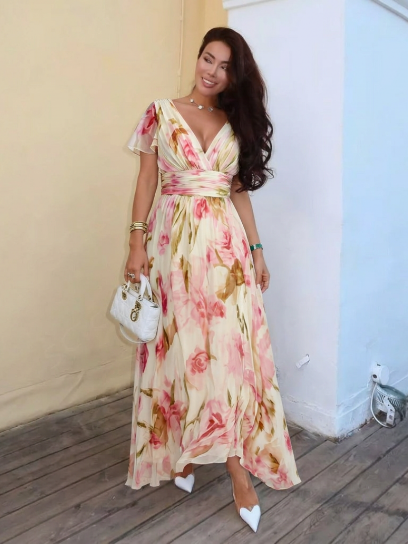 ELARA | V NECK SHORT SLEEVE FLORAL MAXI DRESS