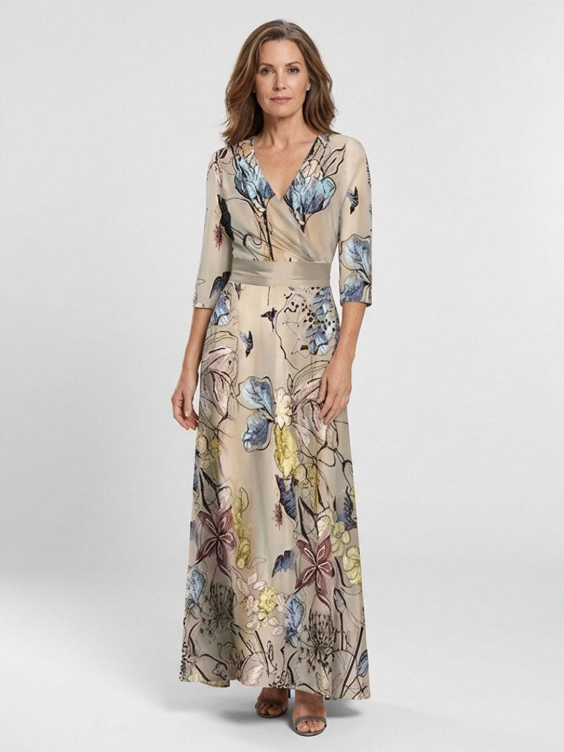 MARGARET | THREE QUARTER SLEEVE FLORAL MAXI WRAP DRESS